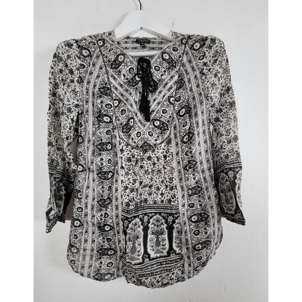 Lucky Brand Womens Black & White Boho Floral Peasant Tunic Top Medium 3/4 Sleeve